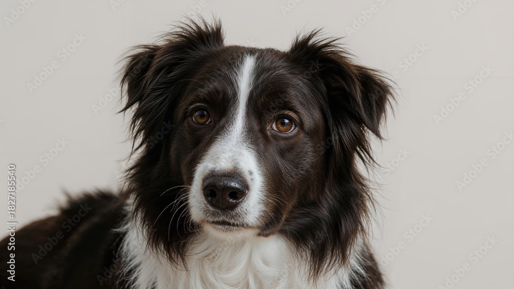 Fototapeta premium Close-up portrait of a black and white dog with brown eyes. Focus on the dog's face, emphasizing its expressive eyes and fluffy fur.