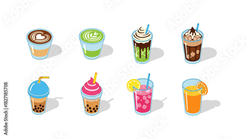 Colorful assorted beverages set in isometric style with modern design