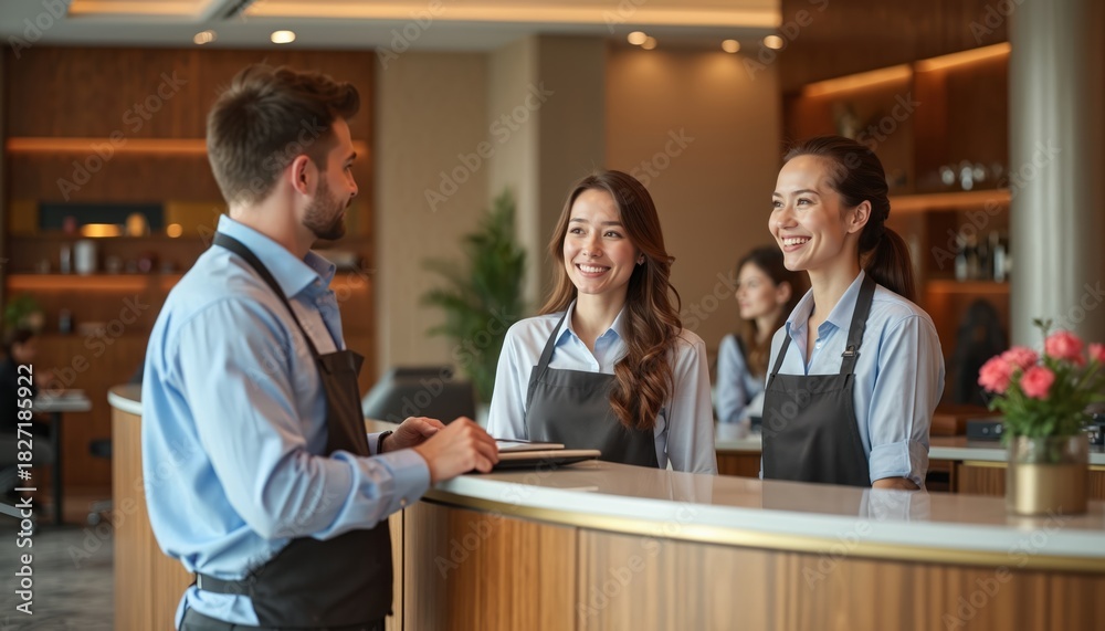 Fototapeta premium Hotel staff talk at reception desk. Man and women employees smile, provide professional hospitality service. Team members wear aprons, chat with friendly faces. Guests feel welcome.