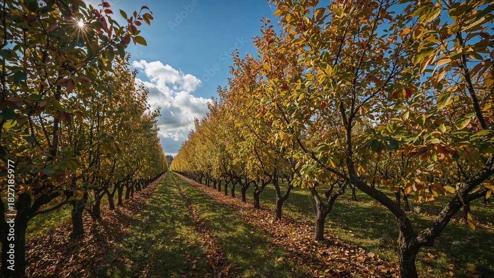 Fototapeta premium A orchard with rows of trees displaying autumn foliage under a partly cloudy sky.