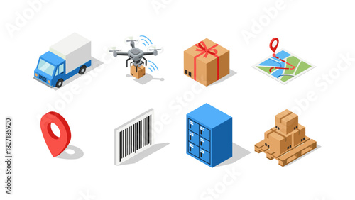 Isometric delivery and logistics icons: truck, drone, package, map, and barcode