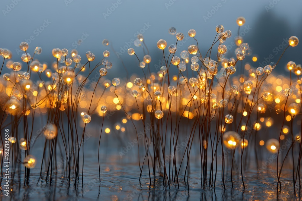 Naklejka premium Glowing Light Bulbs Surrounded by Fog in a Dreamy Landscape