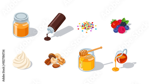 Isometric dessert toppings set featuring honey, nuts, berries, and chocolate