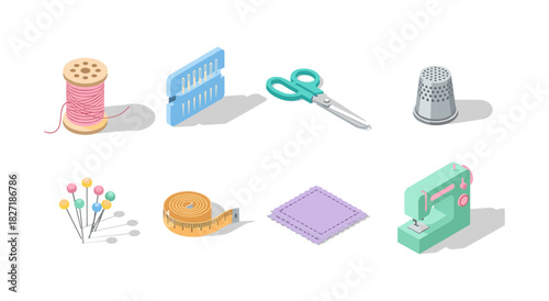 Sewing tools collection with isometric design featuring scissors, needles, spool, and sewing machine