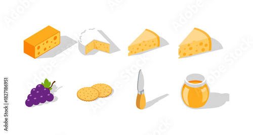 Isometric cheese and snack set with grapes, crackers, and honey on white background