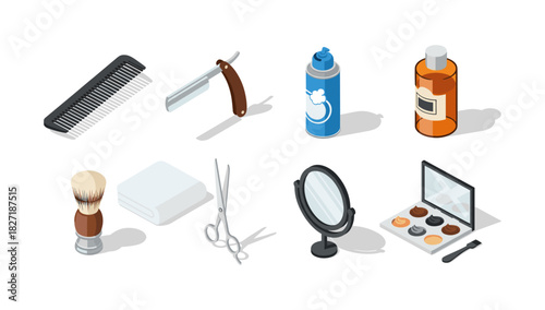 Grooming and beauty tools isometric set: razor, scissors, mirror, comb, shaving brush, makeup kit