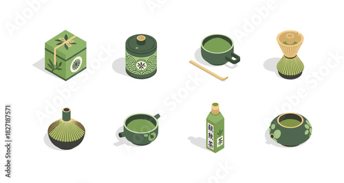 Isometric matcha tea set with traditional japanese ceremonial items
