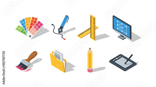 Isometric design tools set with color palette, pen, ruler, and graphic tablet icons