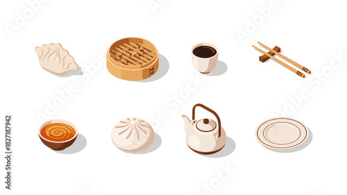 Isometric asian cuisine elements: dim sum, tea, chopsticks, and more