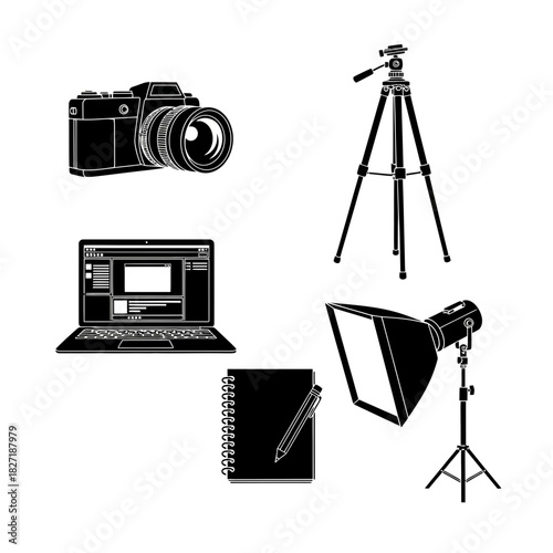 Capture your vision with professional photography gear, laptop, and notebook for creative inspiration and project planning