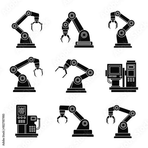 Modern industrial robotic arms and control panels showcasing automation, precision, and advanced manufacturing technology in a sleek, black silhouette style.