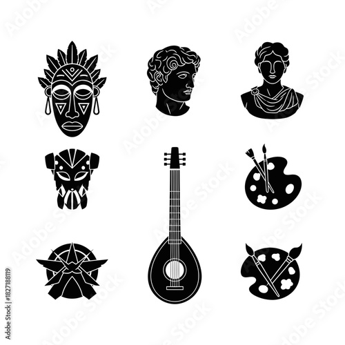 Diverse artistic and cultural icons featuring tribal masks, classical busts, musical instruments, and art supplies for creative projects