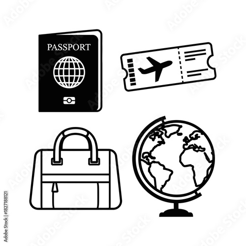 Jet off on your next adventure with this essential travel collection featuring a passport, boarding pass, globe, and luggage for global exploration