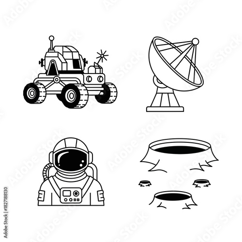 Explore the cosmos with this dynamic collection featuring a lunar rover, astronaut, satellite dish, and craters for all your space-themed projects.