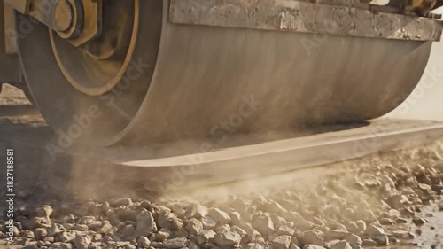 Yellow road roller compacting gravel and dirt on a construction site