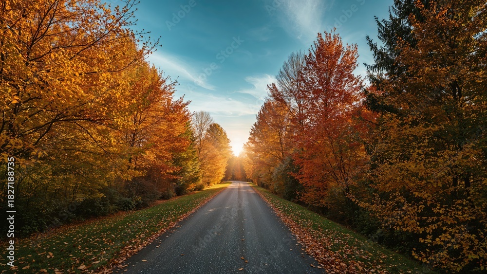 Naklejka premium An autumn road with trees showing orange, red, and yellow foliage, under a partly cloudy sky with sunlight shining through the trees, during daytime.