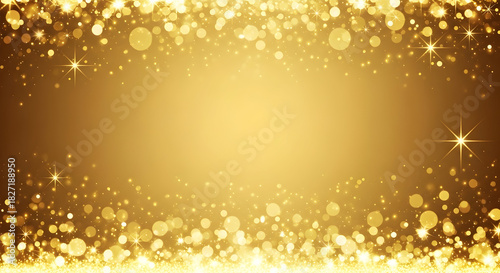 A festive golden background with a frame of sparkling glitter and shimmering bokeh lights around a central copy space.