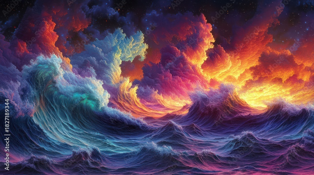 Obraz premium Colorful cosmic waves crash, night sky, fantasy art, design