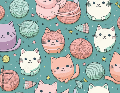 Colorful illustration of multiple cartoon cats and balls of yarn on a teal background with stars and other whimsical elements.