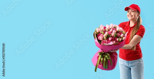 Female courier with bouquet...