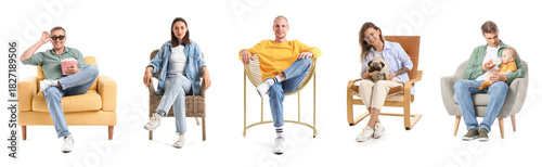 Collage of people resting on armchairs against white background