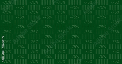 Seamless pattern with repeating dark green text showing a seventy-five percent discount on a deep green background, ideal for sale promotions and special offers.