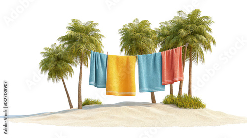 Tropical beach with colorful beach towels, a cool breeze, and palm trees, isolated on a Transparent background, PNG file.