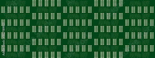 Repeating 40% OFF Sale Discount Promotion Pattern on Green Background with Currency Symbols for Shopping and Retail