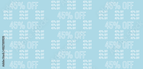 Seamless pattern with '45% OFF' text on a light blue background, ideal for sales, discounts, and promotional designs