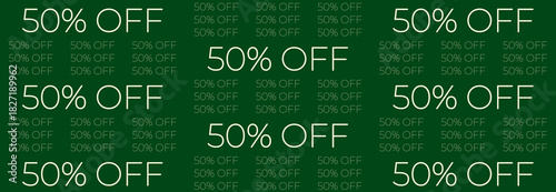 Vibrant green background with repeating white text displaying '50% OFF' for sale, discount, and promotion themes