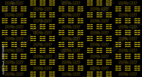 Vibrant Yellow 50% OFF Sale Discount Promotion Repeating Pattern on Dark Black Background for Retail Marketing and Advertising