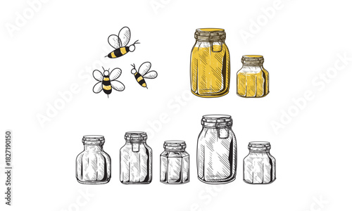 Hand-Drawn Sketch of Honey Jars and Bees