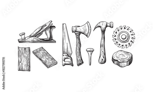 Hand Drawn Sketch of Carpentry Tools and Wood