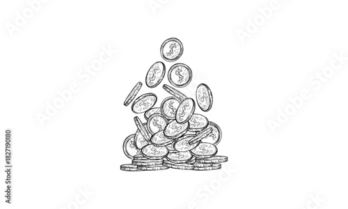 Hand-Drawn Sketch of a Pile of Falling US Dollar Coins