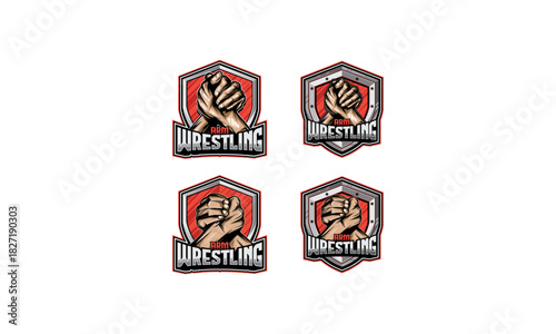 Four Arm Wrestling Logo Designs with Shield and Handshake Motifs
