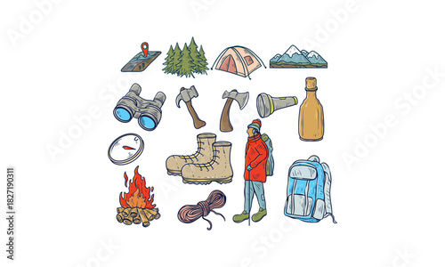 Hand-Drawn Illustration of Camping and Hiking Equipment and Supplies