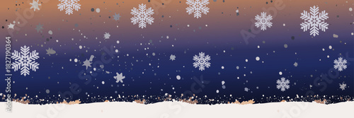 Winter banner background with falling snowflakes and gradient twilight sky
