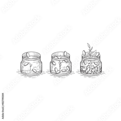 Investment, saving money and finance growth business concept. Human hand putting coin in clear glass jar. Hand drawn vector sketch illustration isolated on white background