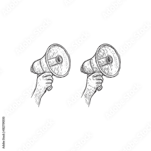 Human hand holding loudspeaker. Vector hand drawn sketch illustration. Megaphone doodle icon, isolated on white background. Advertisement, marketing, referral program concept