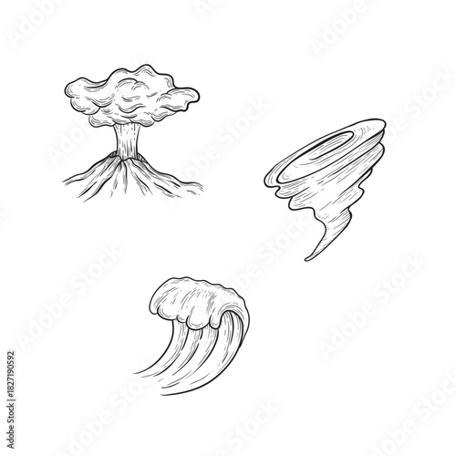 natural disasters. Volcano, tsunami, tornado. Hand drawn vector sketch illustration.