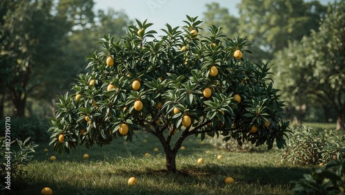 Fototapeta Naklejka Na Ścianę i Meble -  A lemon tree with ripe yellow fruits in a garden setting.