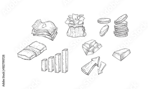 Currency, money, financial graph and diagram business icons isolated on white background. Hand drawn vector sketch illustrations. Investment and finance Infographic design elements