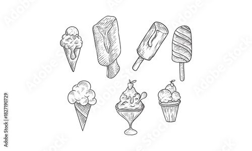 Ice cream dessert. Hand drawn black engraved vintage sweet delicious in bowl for restaurant isolated sketch vector vanilla drawing sundae icecream set