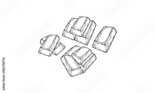 Sketch of gold bar ingots in engraving style. Black and white hand drawn vector illustration.