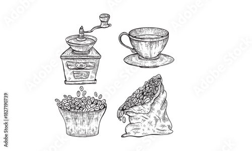 Coffee making objects set. Grinder, bag, beans, cup, moka pot coffee maker. Vintage hand drawn engraving etching style.