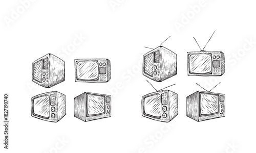 TV set sketch style vector illustration. Old hand drawn engraving imitation.
