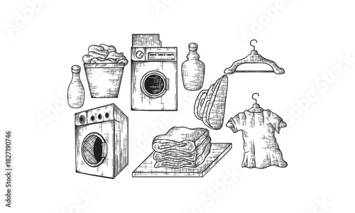 Vector illustration of a laundry icons set. Different objects: iron, towels pile, soap bubbles, hanger, washing machine, washing chemicals bottles as gel and softener, laundry basket, clothespin.