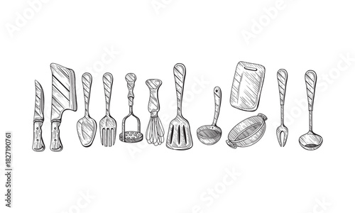 Kitchen utensil, tools set. Cooking collection. Vector hand drawn illustrations in sketch style. Isolated objects on white