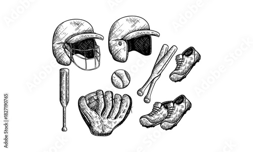 Baseball sports equipment. Vector hand drawn sketch illustration. Ball, glove, baseball bat, helmet icons isolated on white background