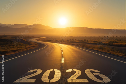 Journey to 2026 concept. Empty road winding towards the horizon representing the path to the future, new goals, and success.